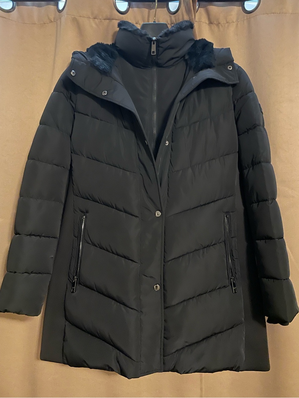 Andrew Marc Black Quilted Puffer Coat with Faux Fur Trim